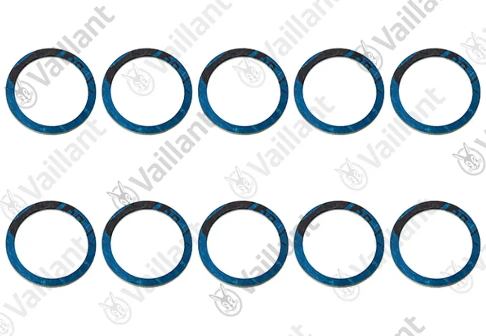 Blau-schwarze Dichtungen in runder Form, angeordnet in zwei Reihen. Zehn Stück aus dem Sortiment von Vaillant.